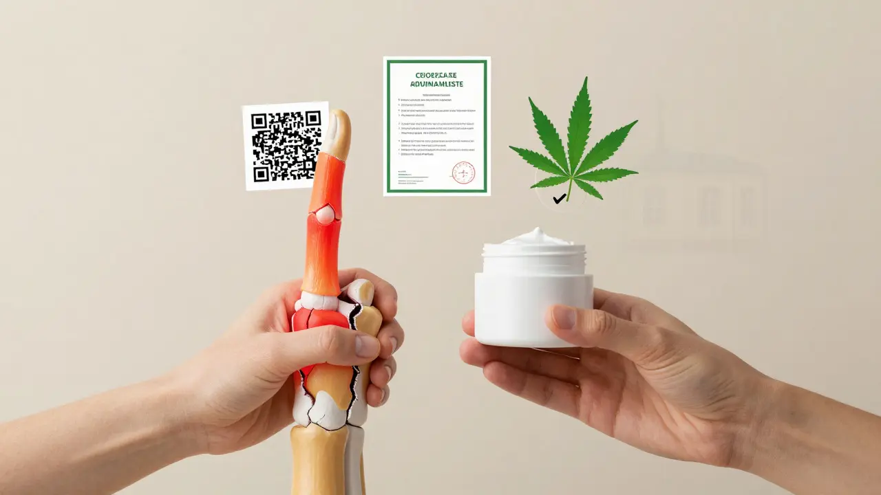 CBD krém vedle modelu kloubu před a po účinku.