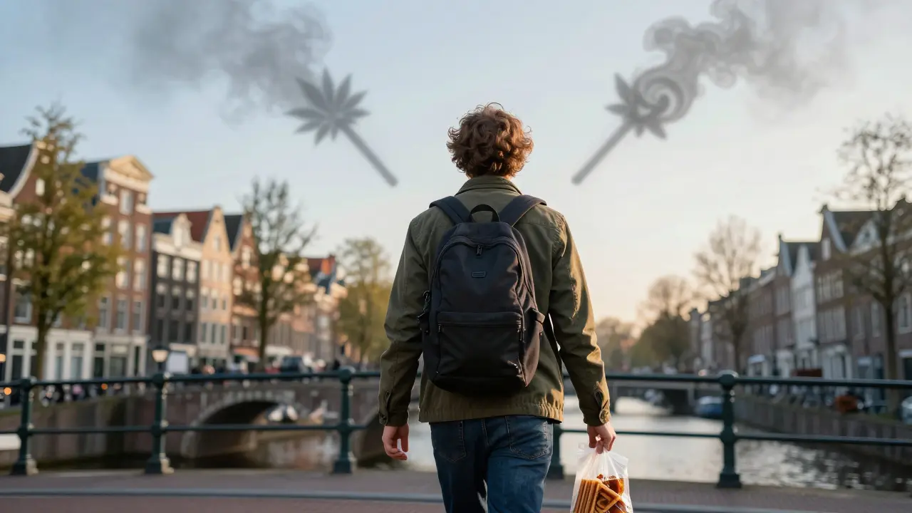 Cestovatel odchází z Amsterdamu s bezpečnými sladkostmi, konopné lollypopy se rozptýlí do kouře.