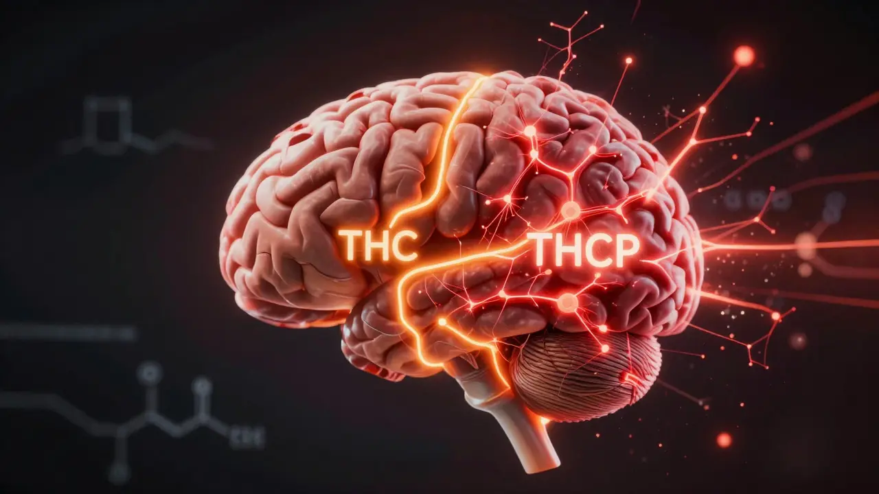 Člověčí mozek s dvěma energetickými cestami: THC a mnohem silnější THCP.
