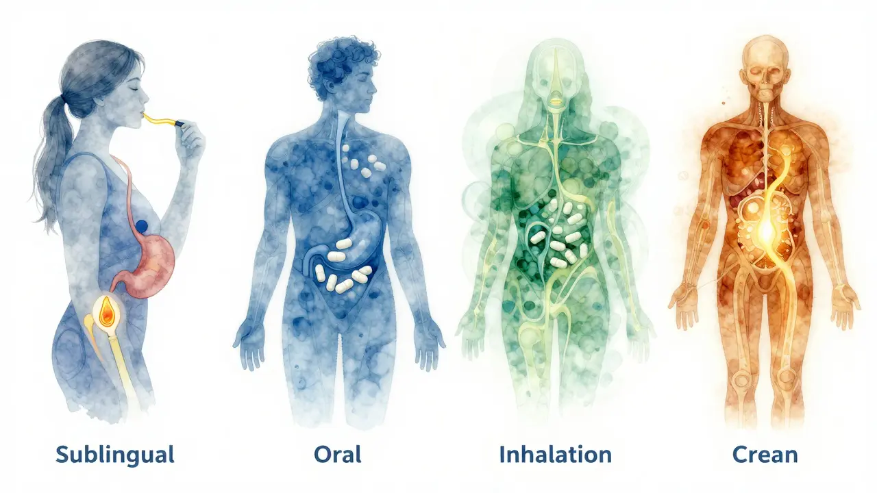 Čtyři způsoby podání CBD: pod jazyk, perorálně, inhalací a lokálně.