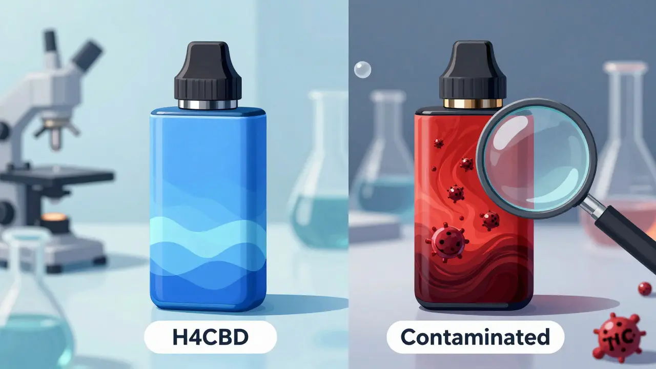 Dva vape zařízení vedle sebe: čisté H4CBD s klidnými barvami a kontaminované s skrytými molekulami THC.