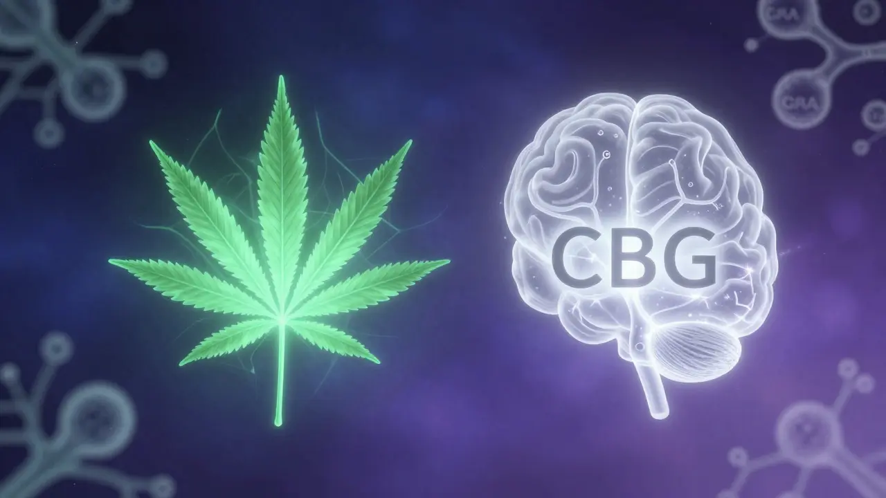 Dvě abstraktní botanické formy CBD a CBG plavou ve vzduchu s nervovými spojeními a molekulami GABA kolem nich.