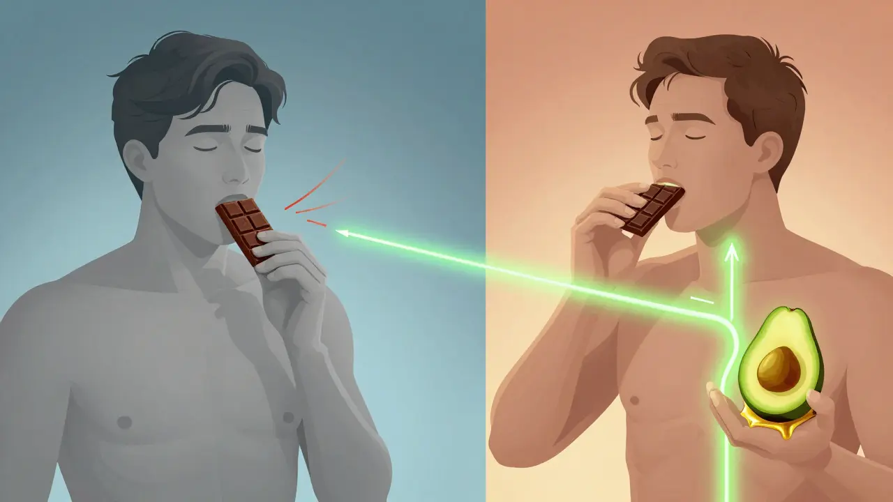 Dvě scény: jedlání čokolády bez tuku vs. s tukem, s ukázkou vstřebávání THC.