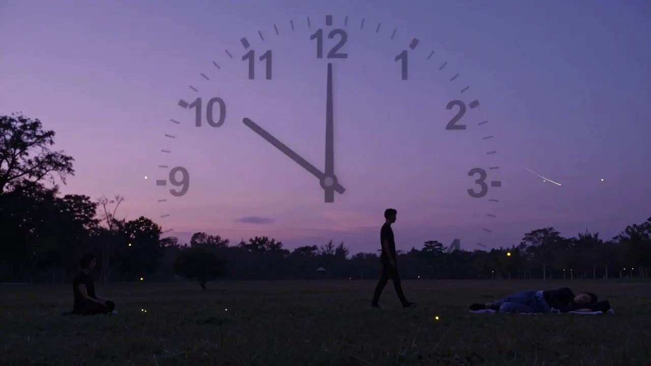 Hodiny s časovým průběhem účinku CBD v klidném krajinném prostředí.