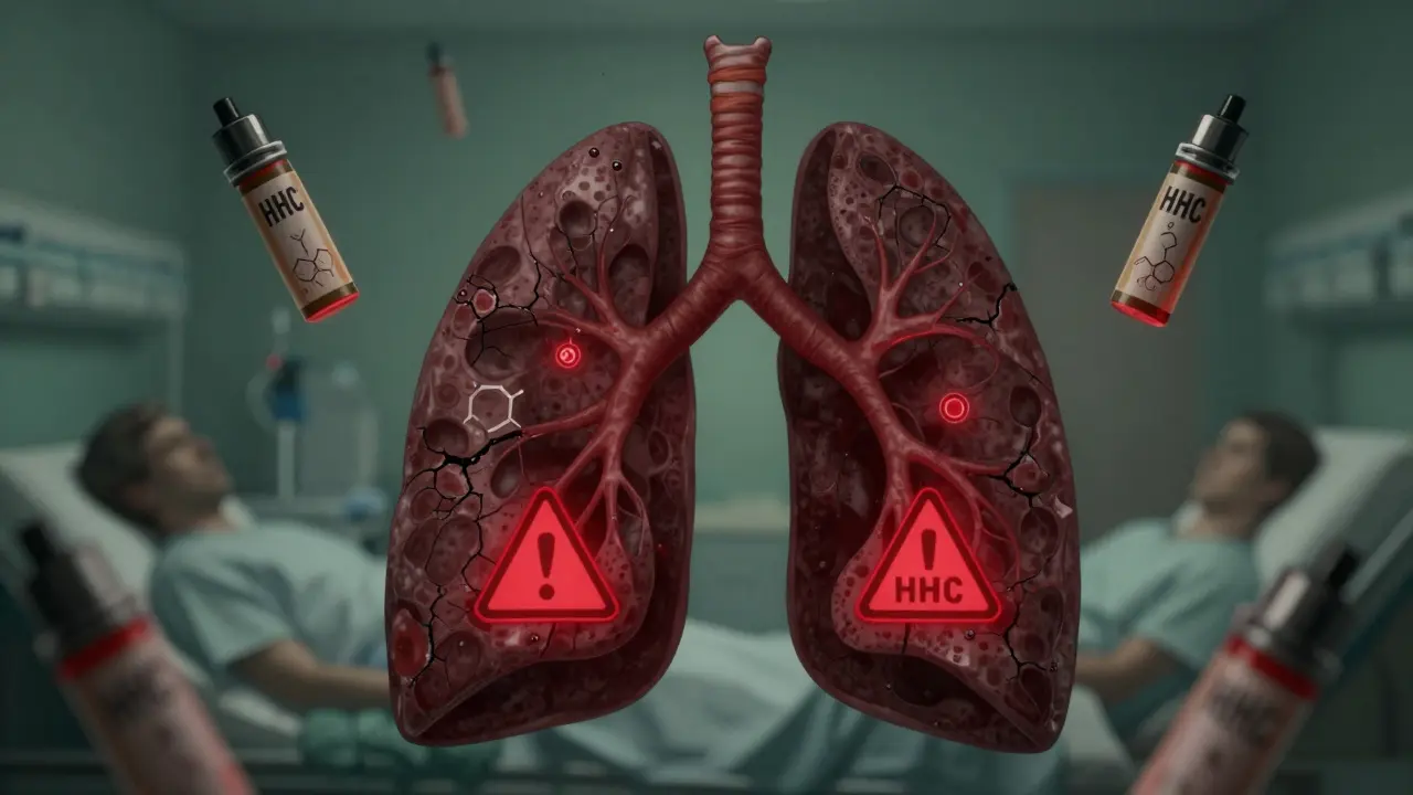 Human lung with damaged tissue and warning symbols from HHC vape use.