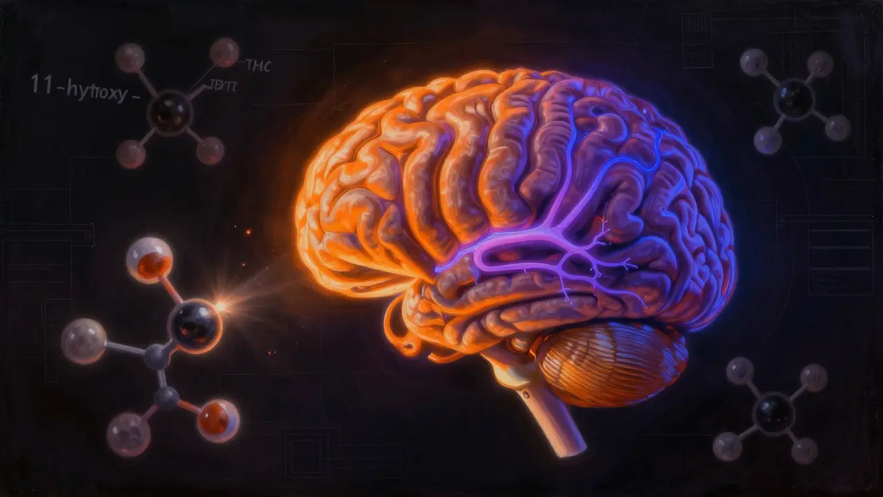 Ilustrace mozku s dvěma typy účinků THC: rychlým a pomalým, zobrazenými světelnými vlnami.