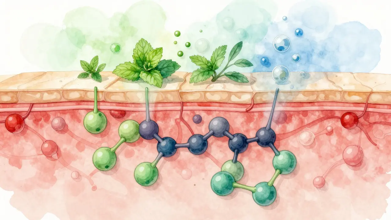 Křížový řez kůže s CBD molekulami působícími na receptory.
