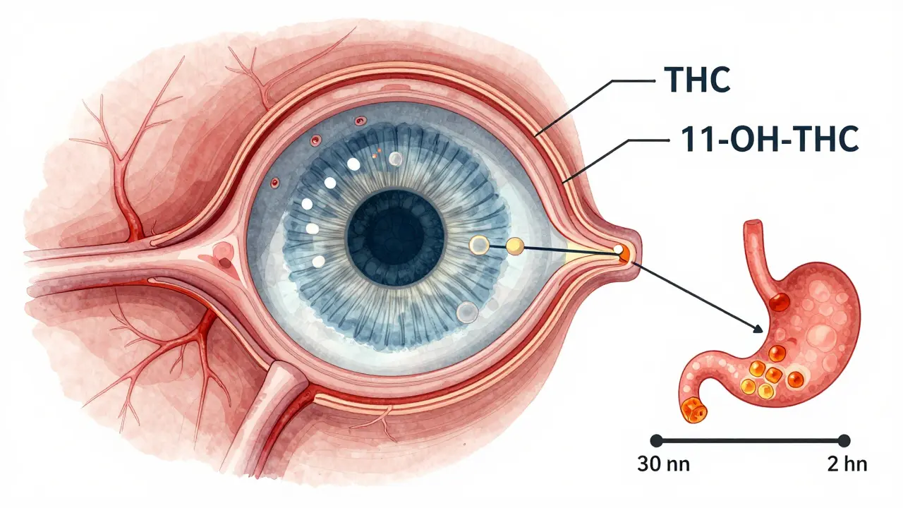 Křížový řez oka s viditelnými rozšířenými krevními cévami a cestou THC přes trávicí systém.