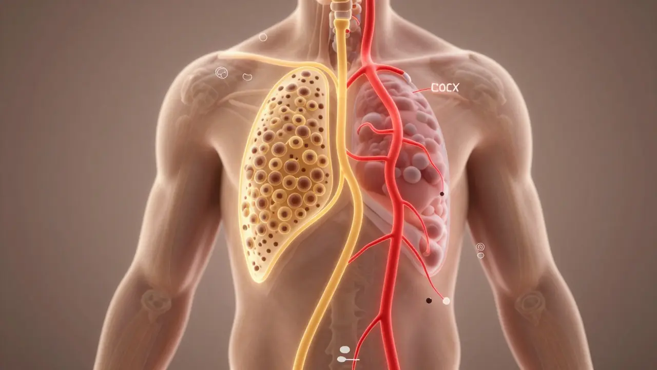 Lidské tělo s dvěma cestami: zlatá pro CBD a červená pro ibuprofen, symbolizující různé mechanismy účinku.