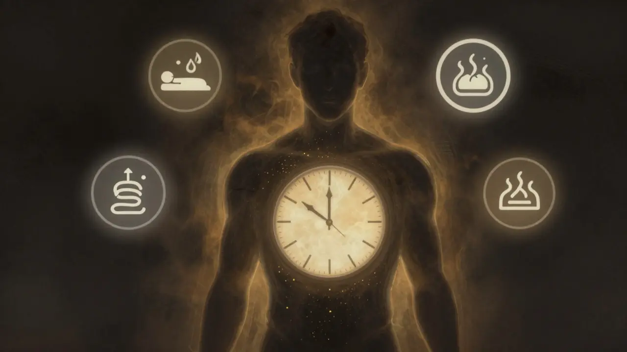 Lidský silueta s hodinami uvnitř, kde CBD částice zůstávají po skončení účinku.