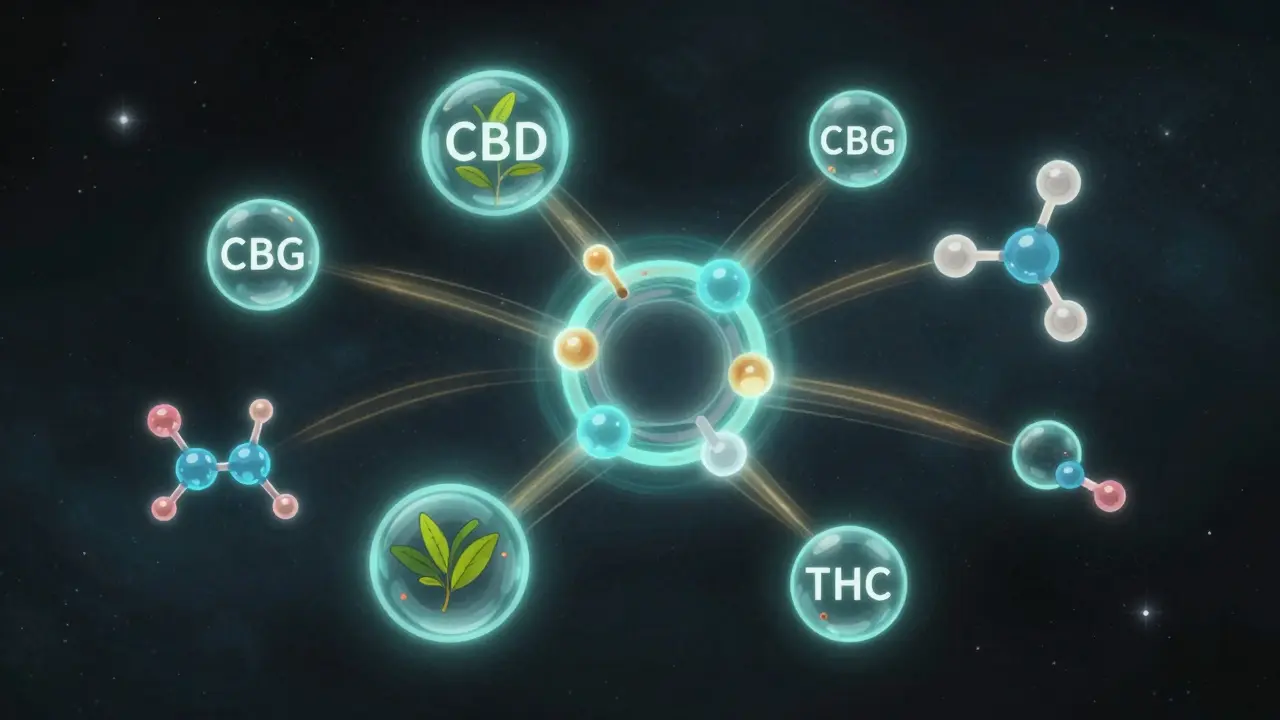 Molekulární složky CBD v interakci, svítící částice spojené světelnými stopami