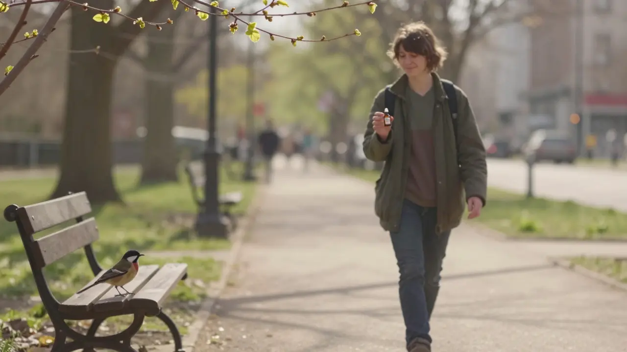 Osoba prochází parkem na jaře, drží lahvičku CBG oleje a pozoruje ptáka na lavičce, jemné sluneční světlo.