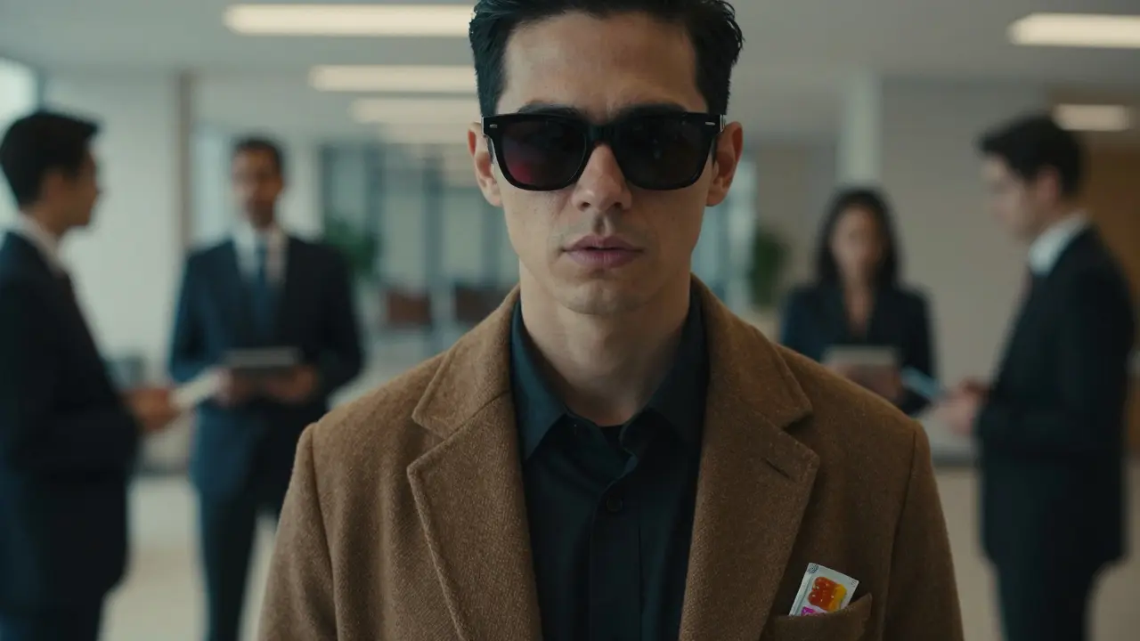 Osoba v černých brýlích ve firmě, s jemně červenýma očima, které brýle částečně skrývají.