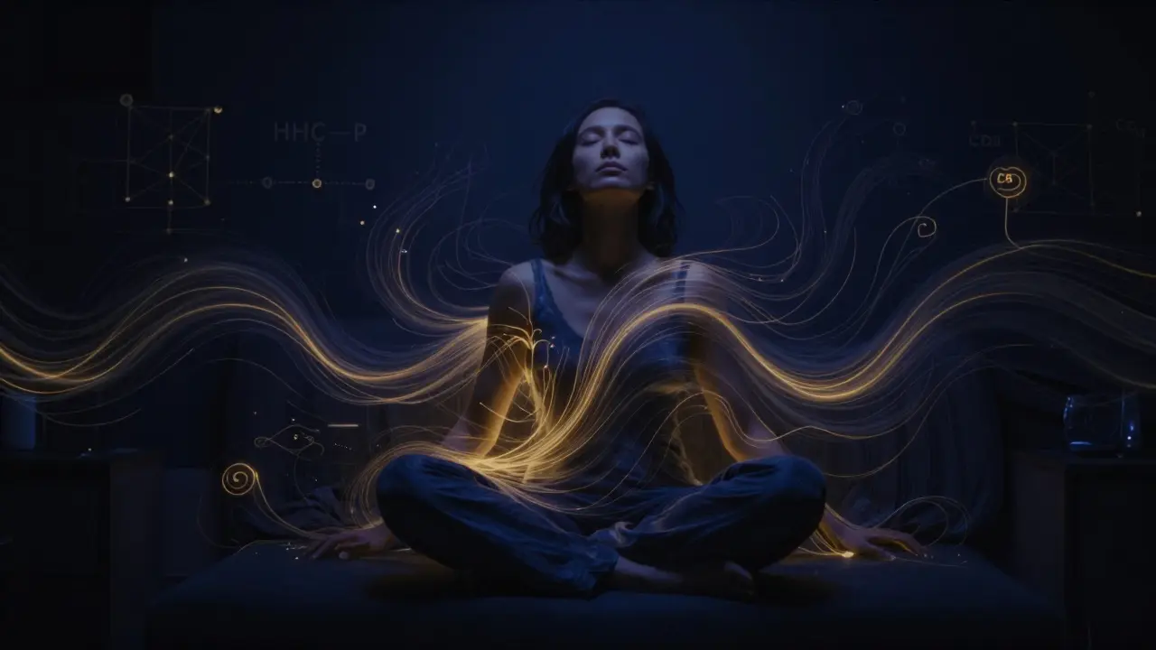 Osoba v temné místnosti s vlnami světla symbolizujícími intenzivní účinky HHC-P.
