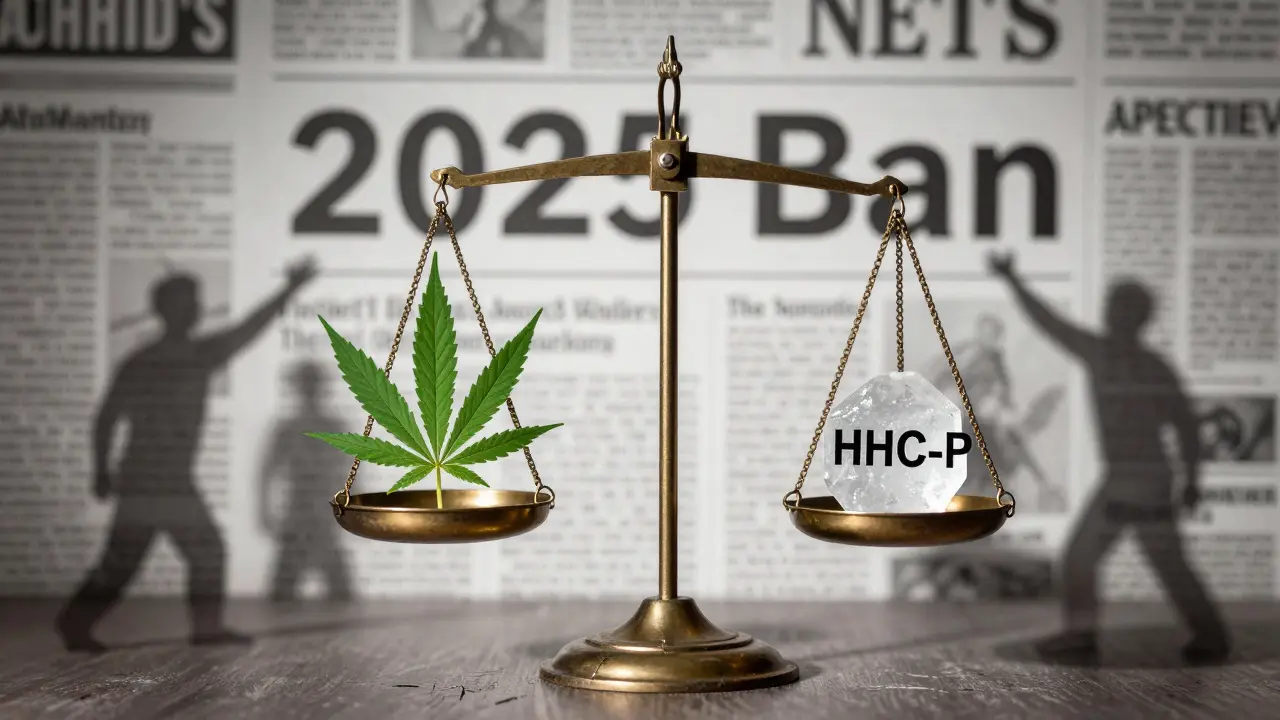 Rozbitá právní váha: přírodní konopí vs. syntetický HHC-P s náznakem zákazu.