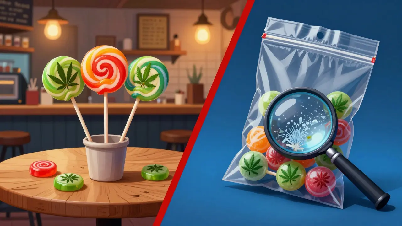 Rozdělený obrázek: konopné lollypopy v coffeeshopu a stejné v evidence v laboratoři.