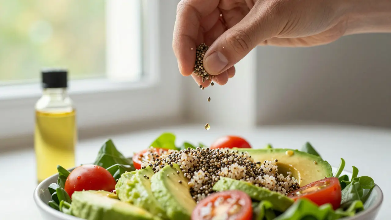 Ruce posypávající salát konopnými semínky s kapkou konopného oleje