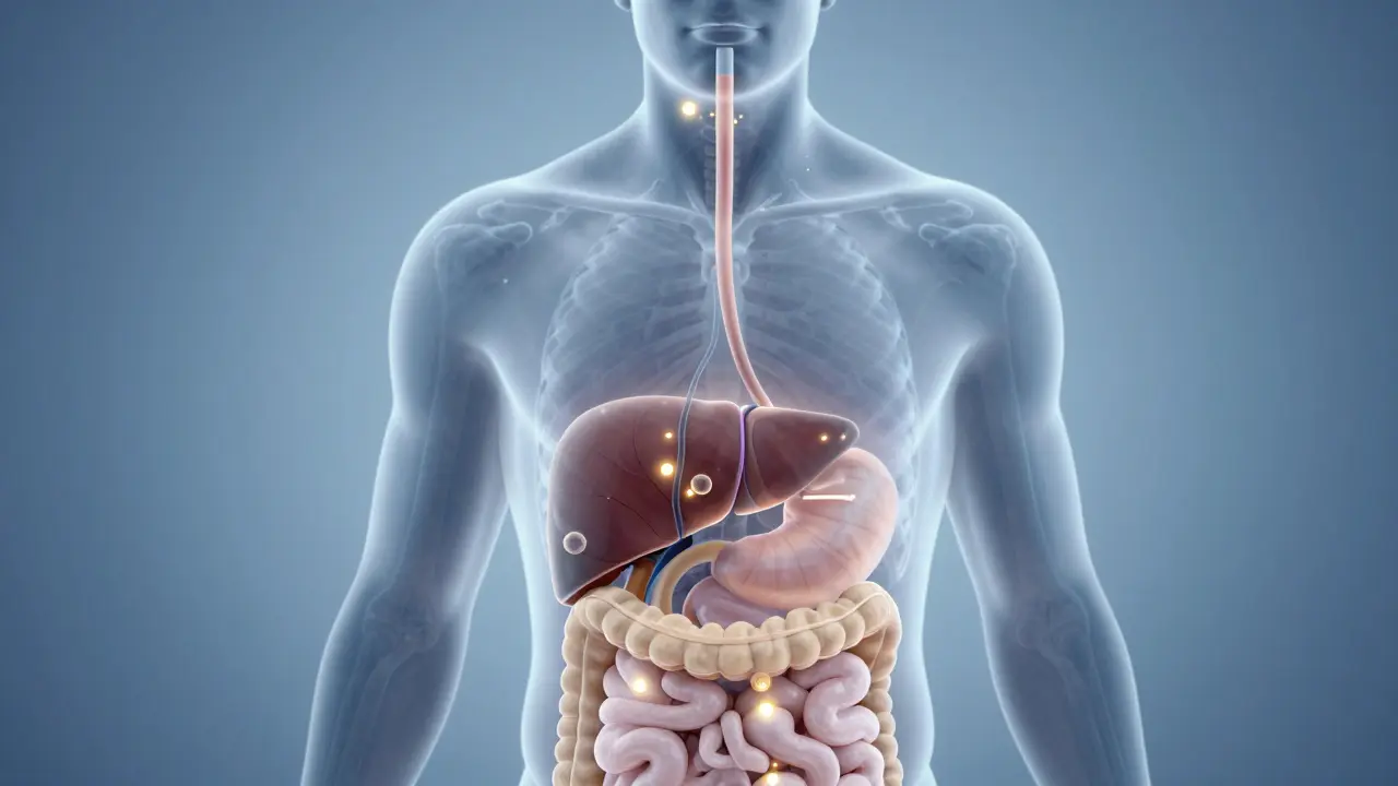 Schematic znázorňující cestu CBD skrz trávicí systém a játra.