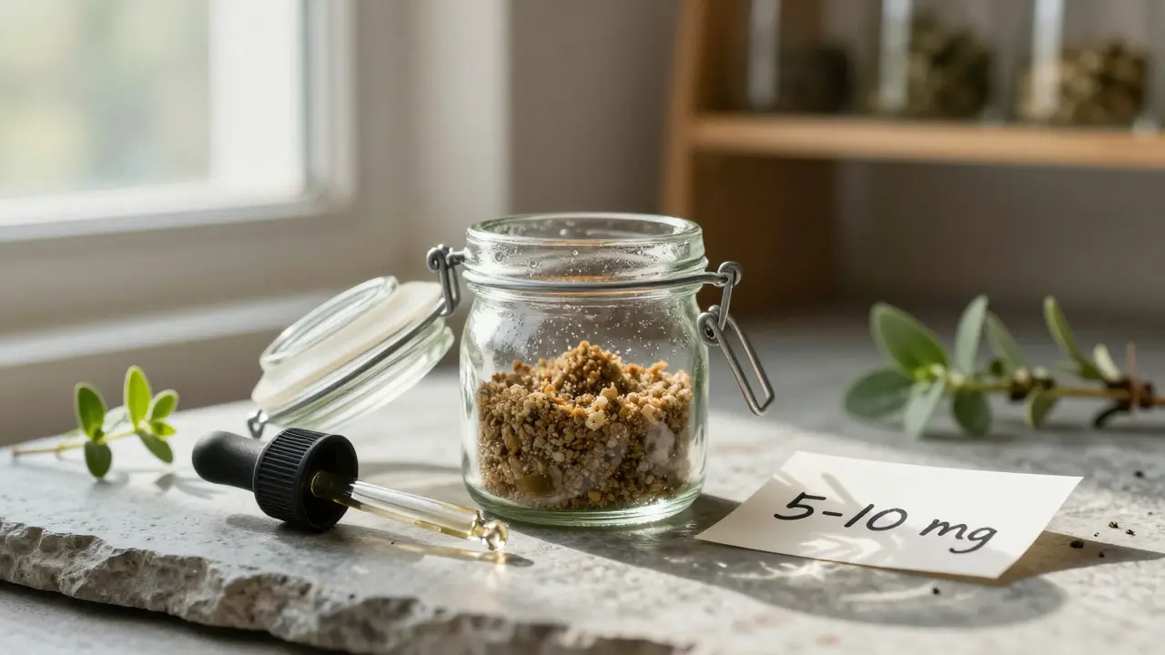 Skleněná nádoba s CBD crumble na kamenité ploše s přírodním osvětlením.