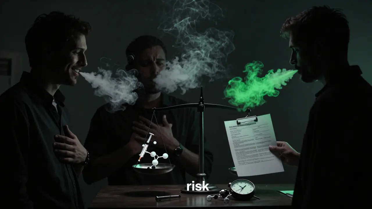 Three silhouetted people affected differently by HHC vaping, with a risk scale between them.