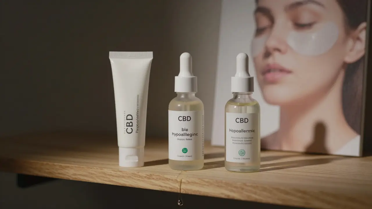 Tři čisté kosmetické produkty s certifikacemi na dřevěné polici.