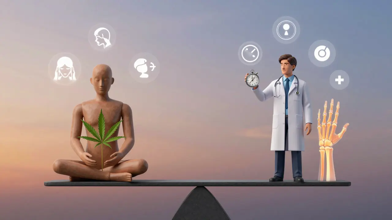 Váha s dvěma postavami: klidná pro CBD a klinická pro ibuprofen, s ikonami akutní a chronické bolesti.