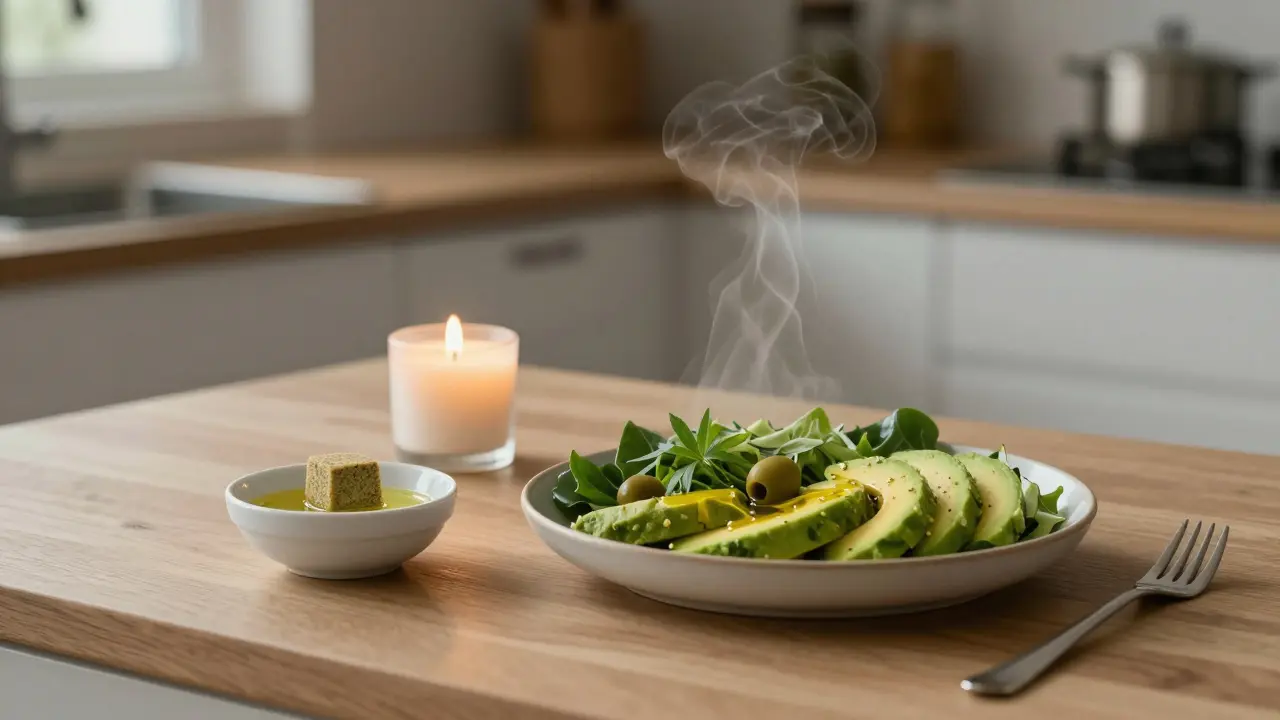 Večeře s avokádem, olivovým olejem a konopným jídlem při slabém světle svíčky.