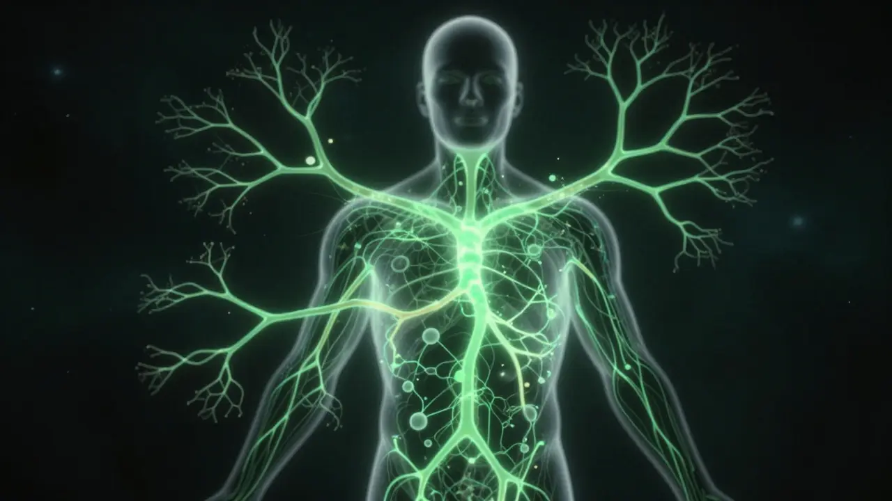 Abstraktní obrázek lidského těla s glowing nervovou sítí, symbolizující rovnováhu CBD.