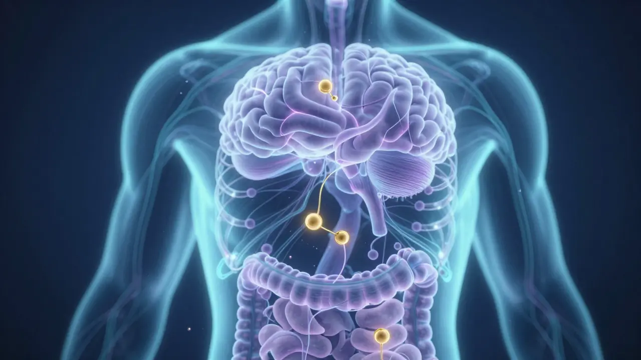 Abstraktní znázornění endokanabinoidního systému s CBD molekulou interagující s receptorovými strukturami.