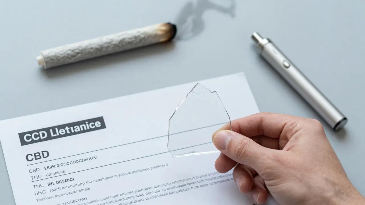 Certifikát analýzy a průhledný kousek CBD shatteru s odstínem vapeřičky.