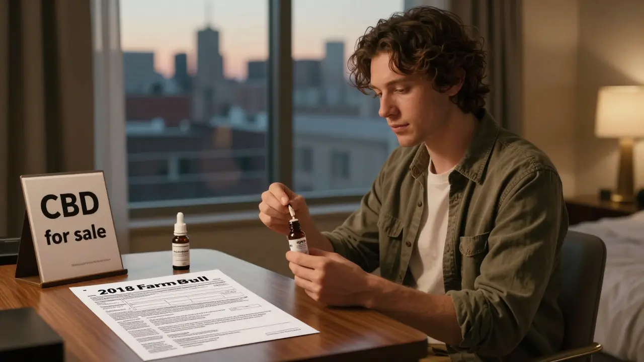Cestující v hotelovém pokoji používá CBD olej a kapsli, na stole papír s federálním zákonem a nápisem o prodeji CBD na letišti.