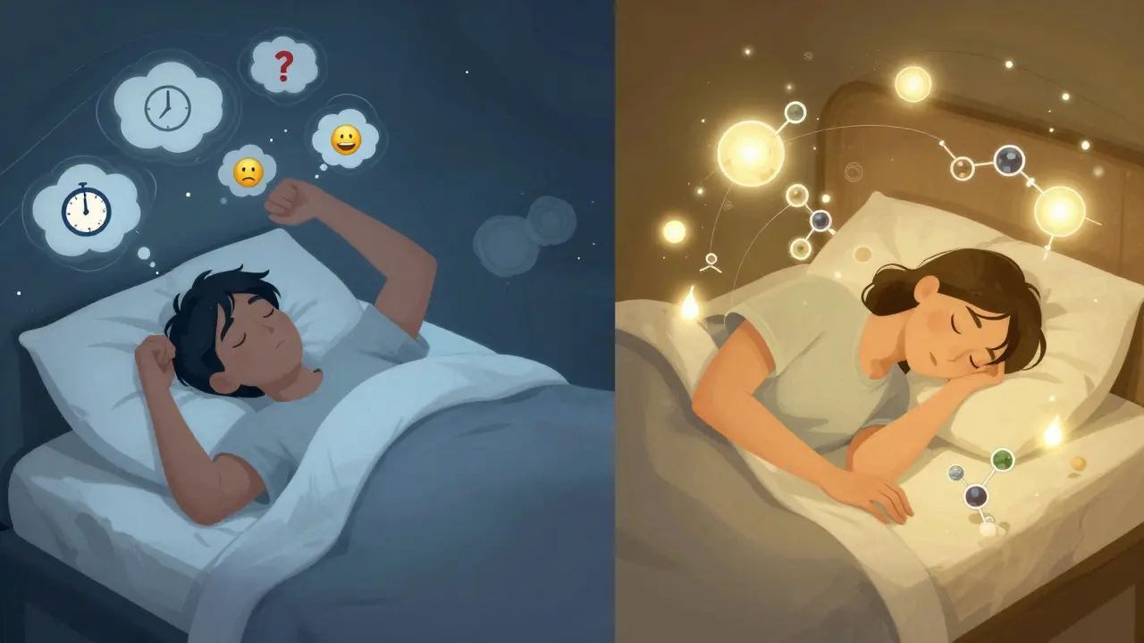 Dvě scény: jedna s neklidným spánkem a myšlenkovými bouřkami, druhá s hlubokým spánkem a harmonickým působením molekul CBN a CBD.