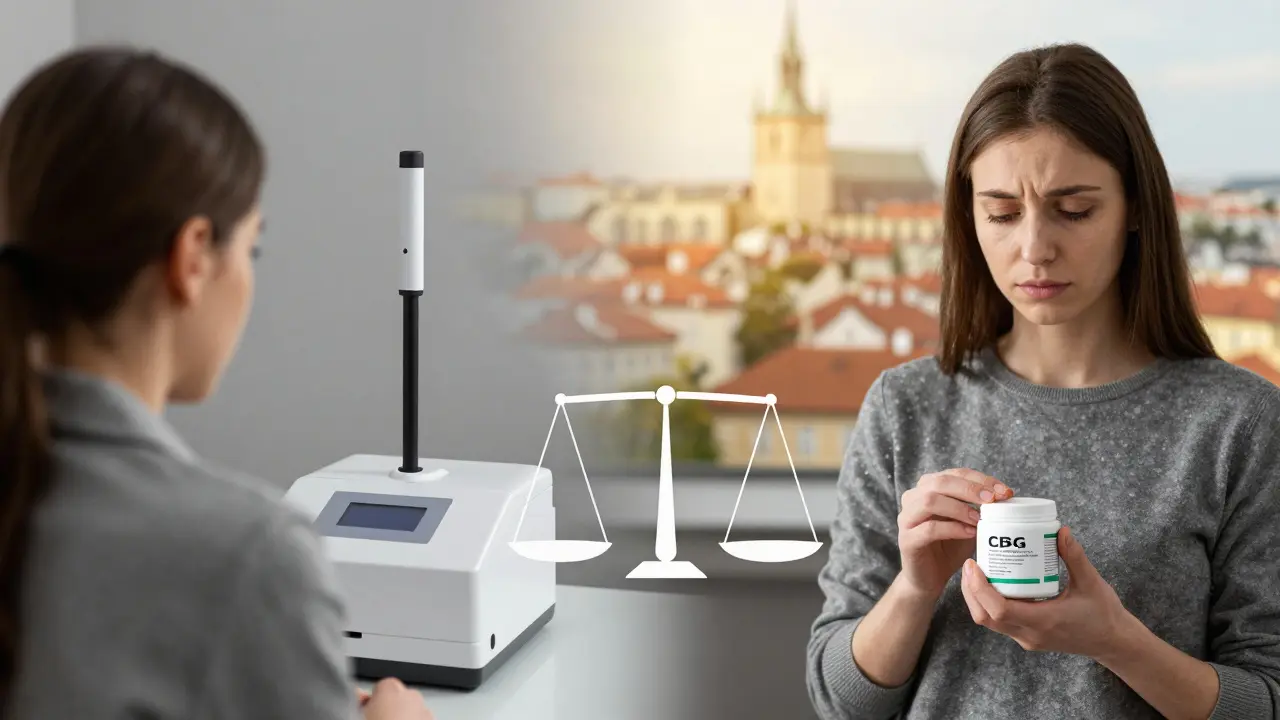 Dvě strany jedné scény: jedna s testem na drogy, druhá s ověřenou CBG kosmetikou.