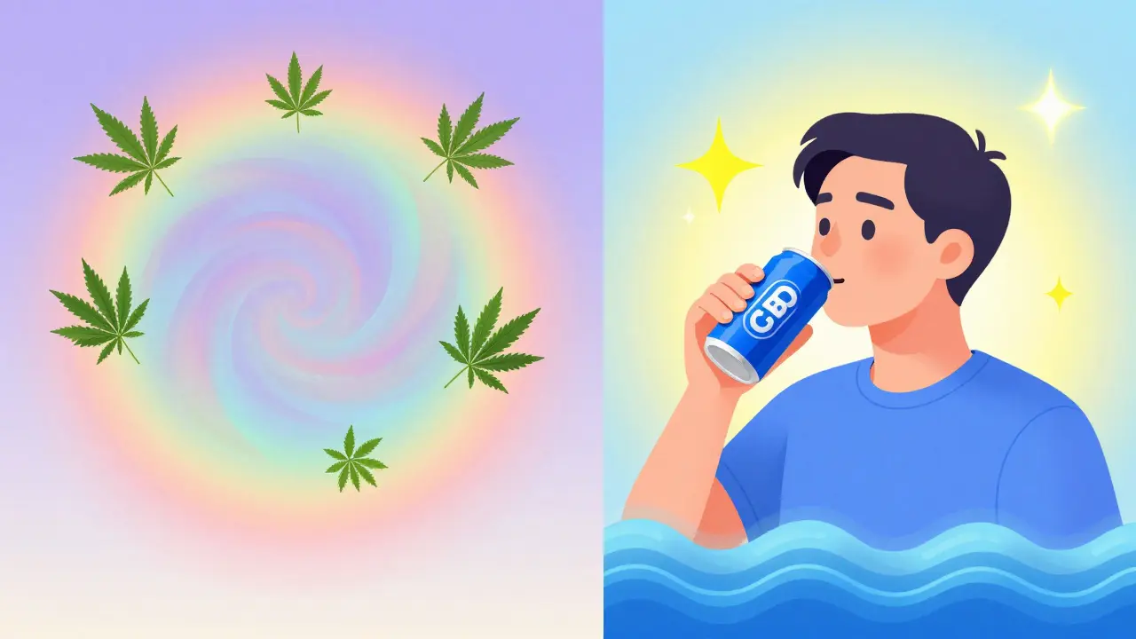 Dvě verze člověka: jeden v psychedelickém vysokém stavu, druhý klidně pije energii s CBD a kofeinem.