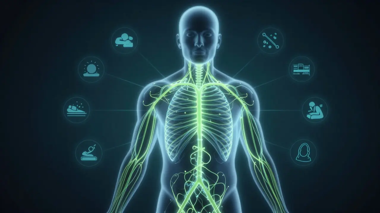 Glowing human nervous system symbolizing CBD's effect on the endocannabinoid system.