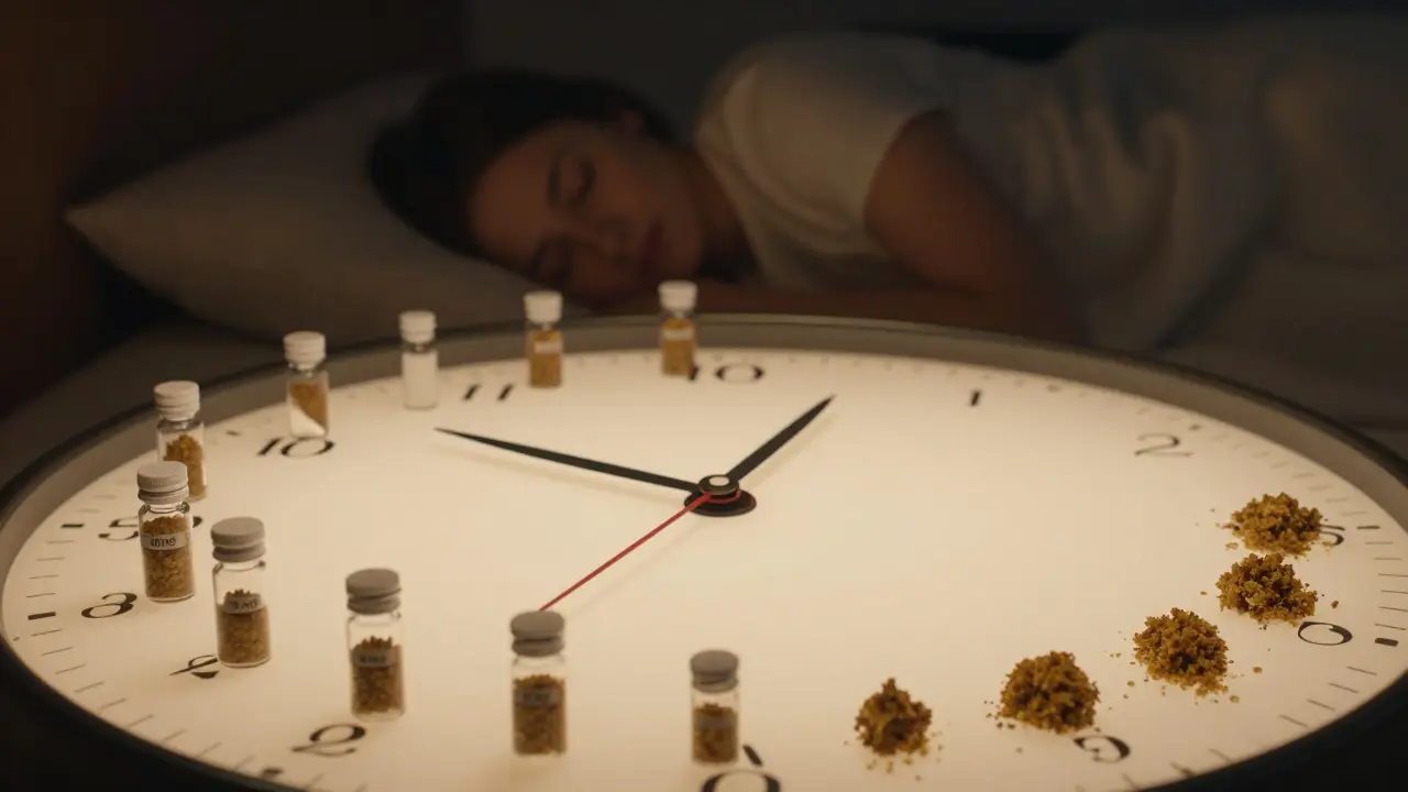 Hodiny symbolizující kumulativní účinek CBD během týdne s klidně spící osobou uprostřed.