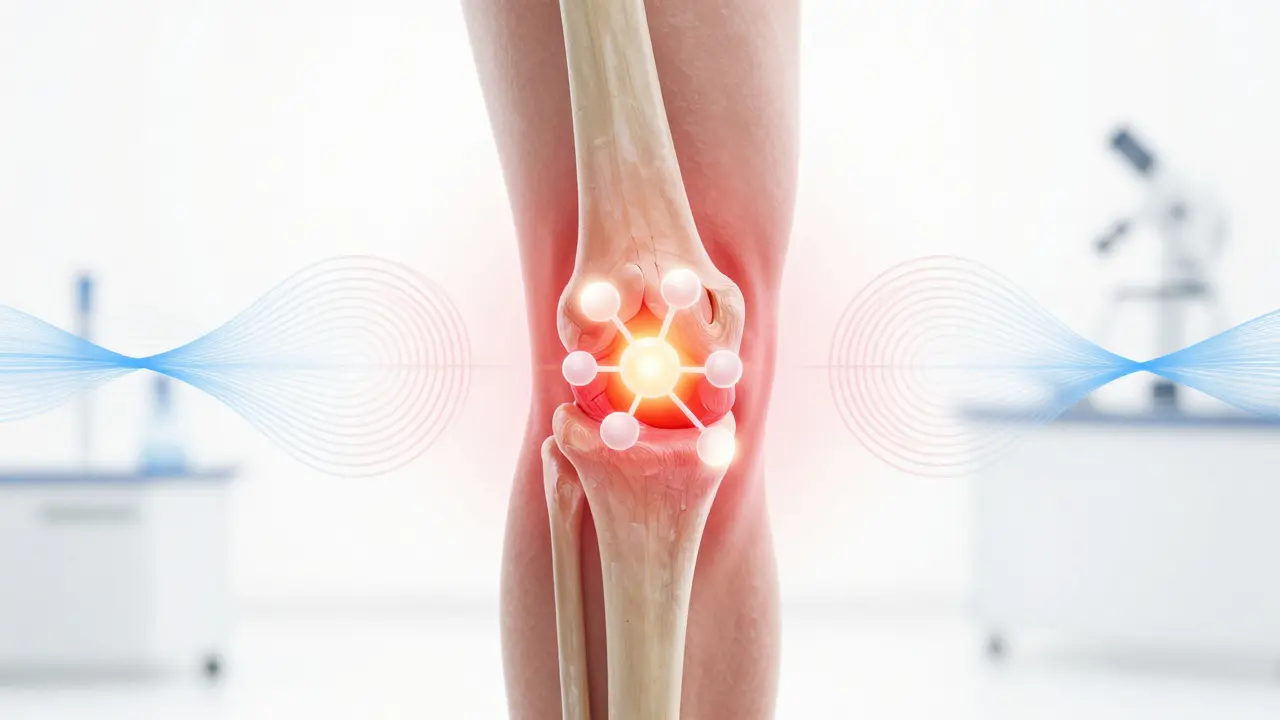 Ilustrace kloubu s CBD molekulami interagujícími s endokanabinoidními receptory.