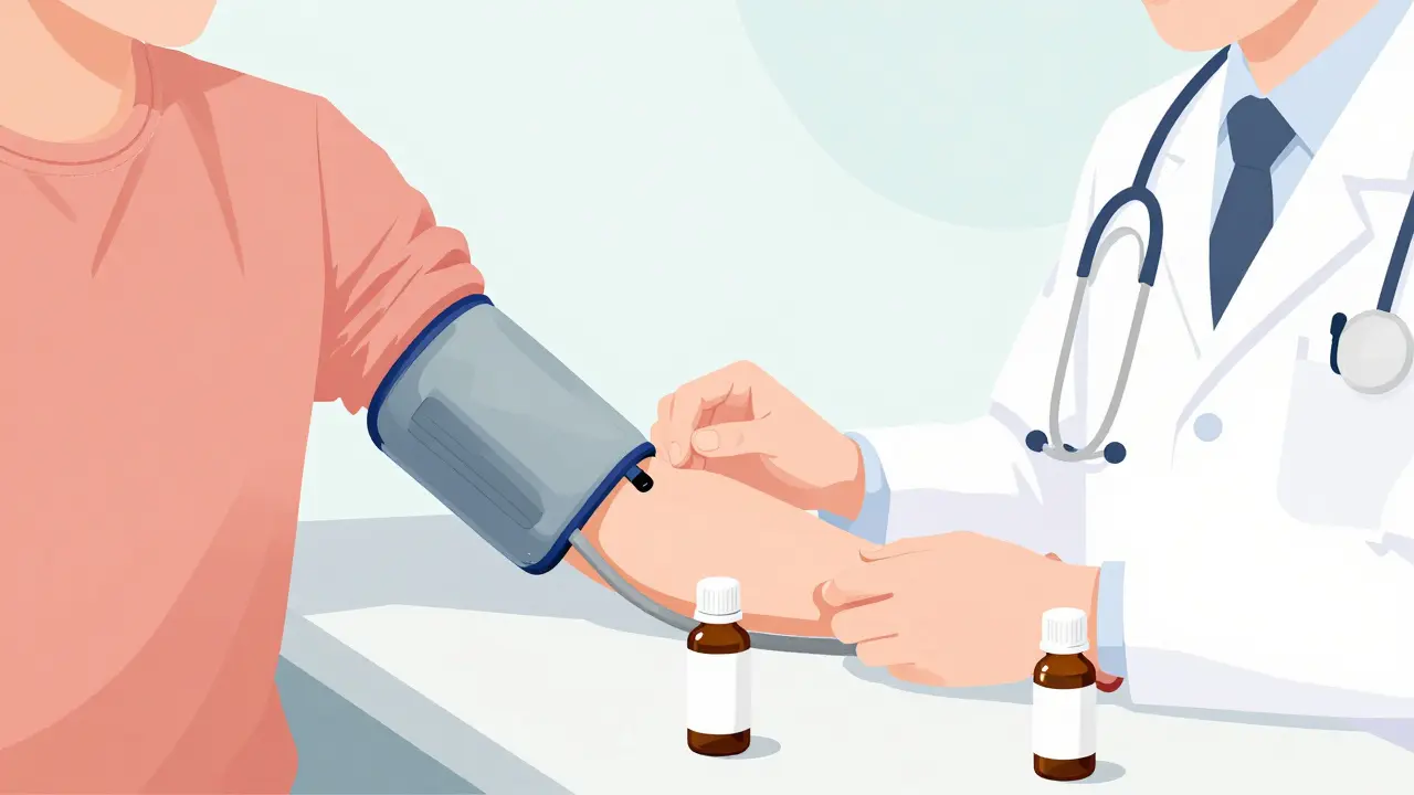 Lékař kontroloval krevní tlak s CBD olejem na stole.