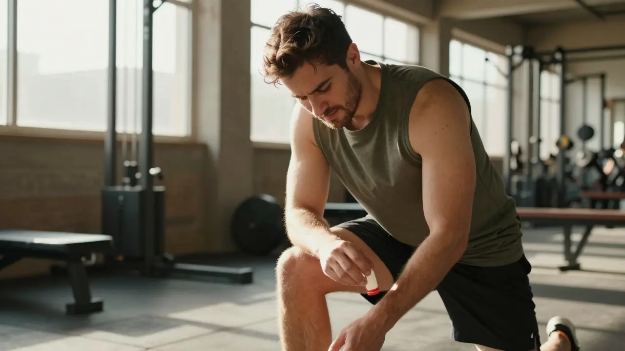 Muž po tréninku uklidňuje bolest v kolenou s CBD žvýkačkou.