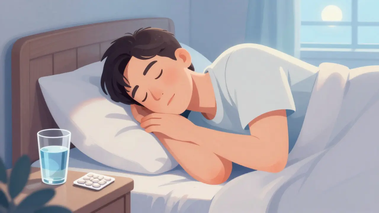 Muž spí klidně v posteli s CBD žvýkačkou na nočníku.