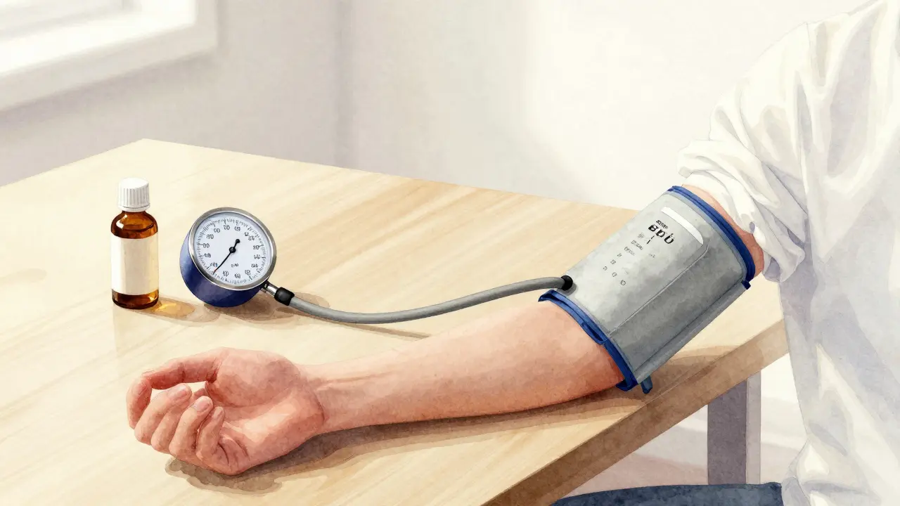 Osoba měří krevní tlak doma s CBD olejem.