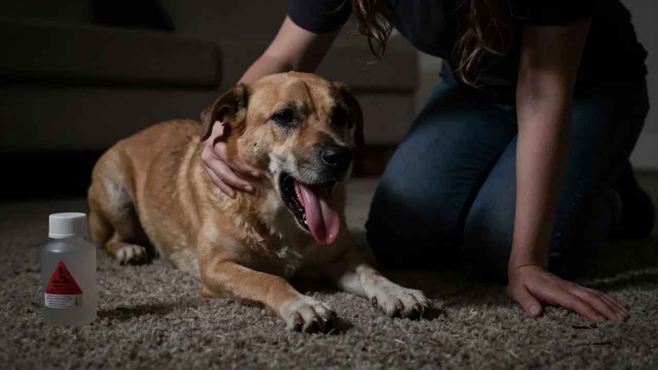 Pes vrací, majitel v úzkosti, lahve s červeným varovacím symbolem