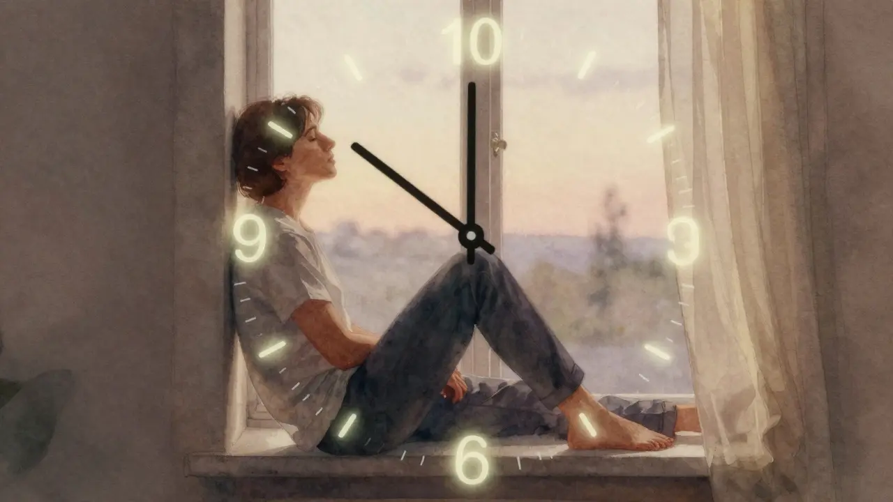 Pokojná osoba v soumraku s jemnými časovými značkami ukazujícími účinek CBD.