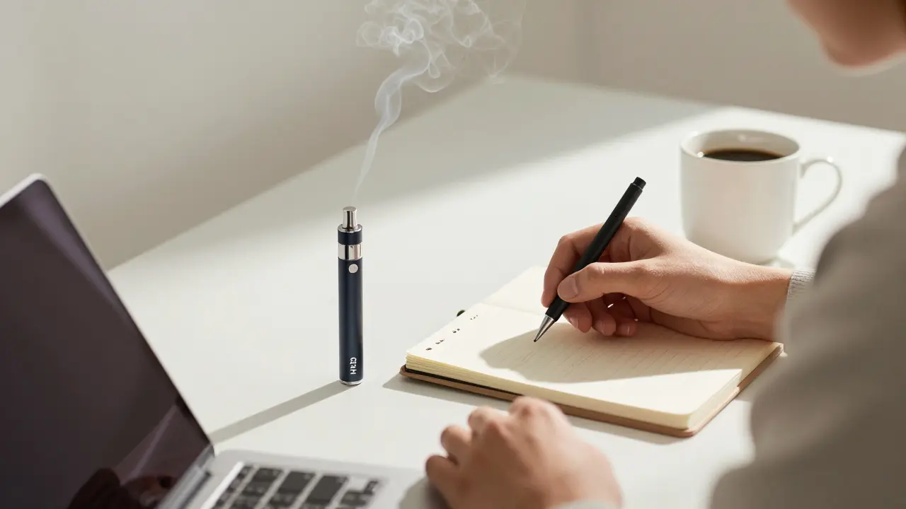 Pracovník koncentrovaně pracuje na počítači, vedle něj leží vypech H4CBD, jemné osvětlení dne.