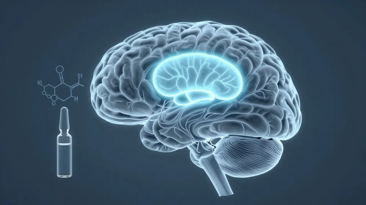 Průhledný náčrtek mozku s uklidněnou amygdalou a molekulami CBD, znázorňující neurologický účinek.