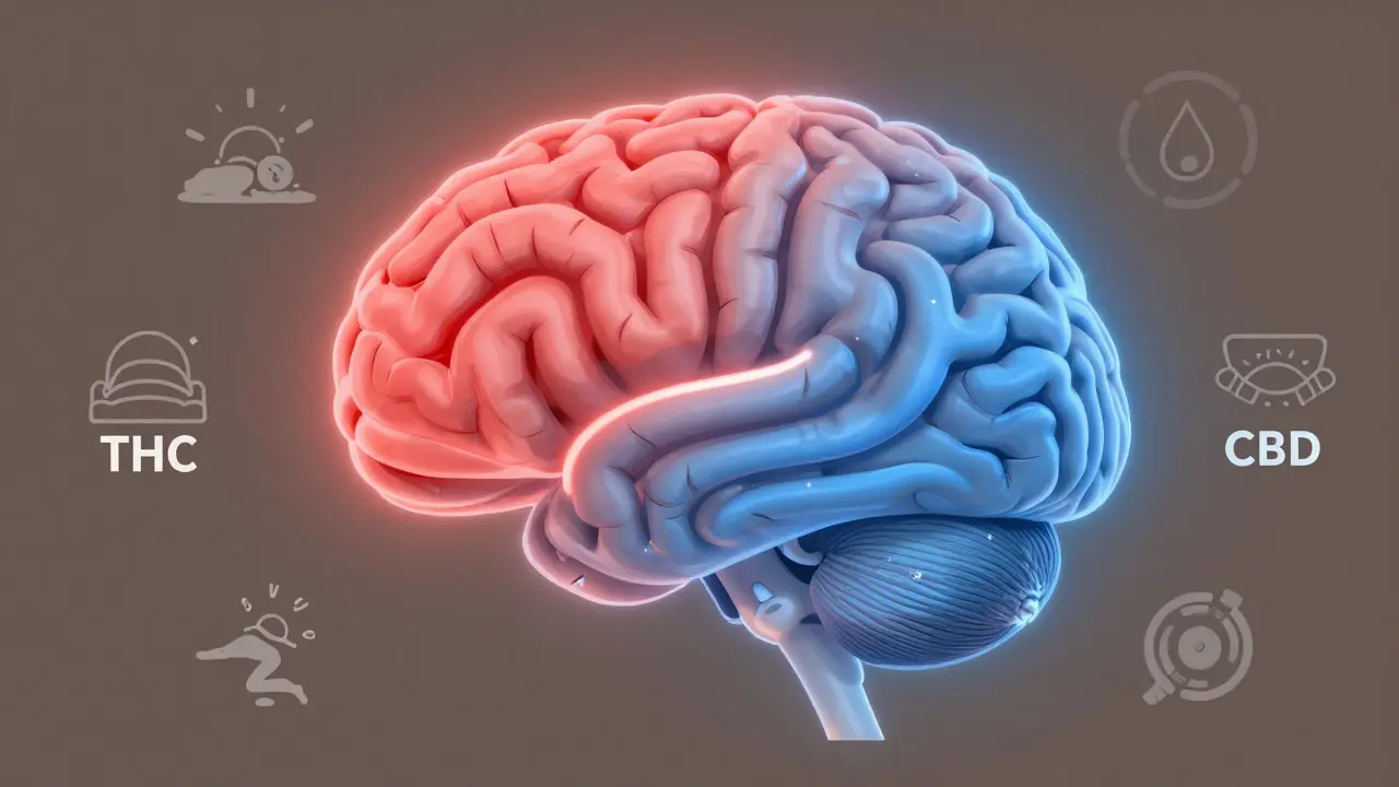 Schematic znázornění mozku s porovnáním účinků THC a CBD na nervový systém.