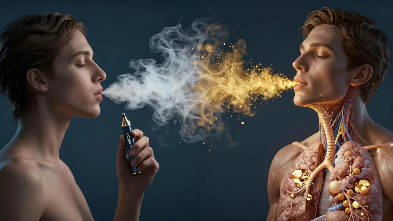 Srovnání povrchního a hlubokého vdechu CBD s cestou výparu do plic a krve.