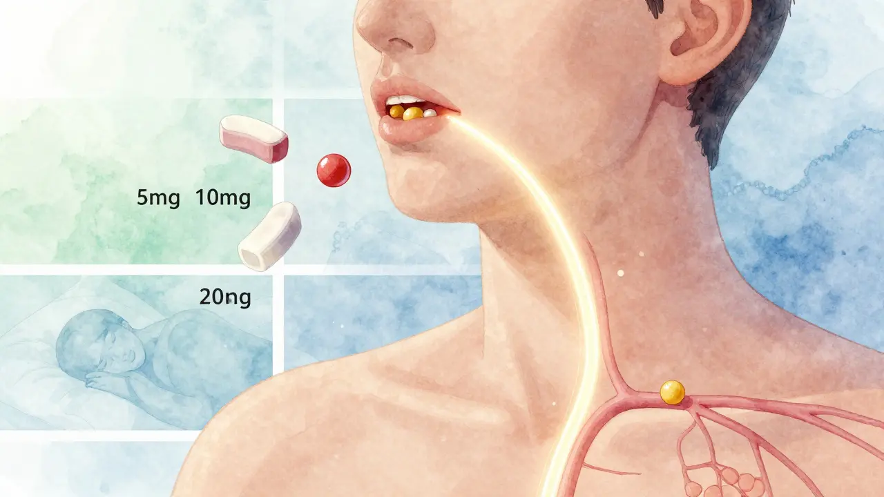 Tělo s proudem CBD molekul z úst do krve, tři žvýkačky s různými dávkami a symboly účinků.