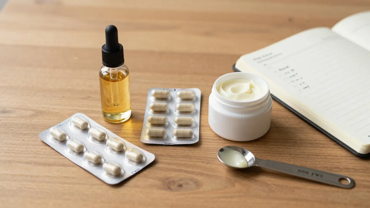 Tři druhy CBD produktů – olej, kapsle a krém – uspořádané na dřevěné desce s poznámkami.