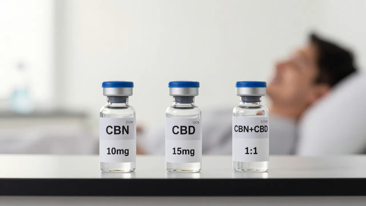 Tři láhvičky s CBN, CBD a jejich kombinací s COA štítky, za nimi silueta osoby probouzející se přirozeně v ranním světle.